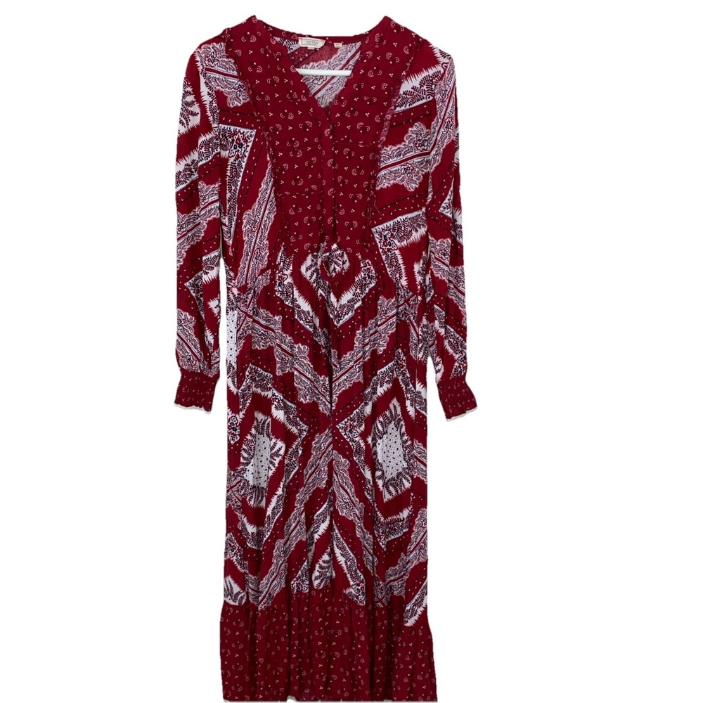 Fat Face WILMA BATIK Maxi Dress Womens Size 4 Red Bohemian Long Sleeve Pockets